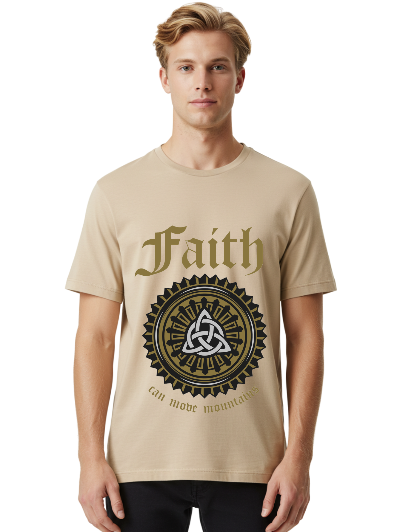 Faith Can Move Mountains Men'S Graphic Tee, 100% Cotton, Comfortable Casual Summer Wear, Machine Washable, Faith Symbol, Celtic Knot Design, Spiritual Emblem, Run Made Manifest, Ancient Celtic Art, Mystical Patterns, Sacred Geometry, Aae270
