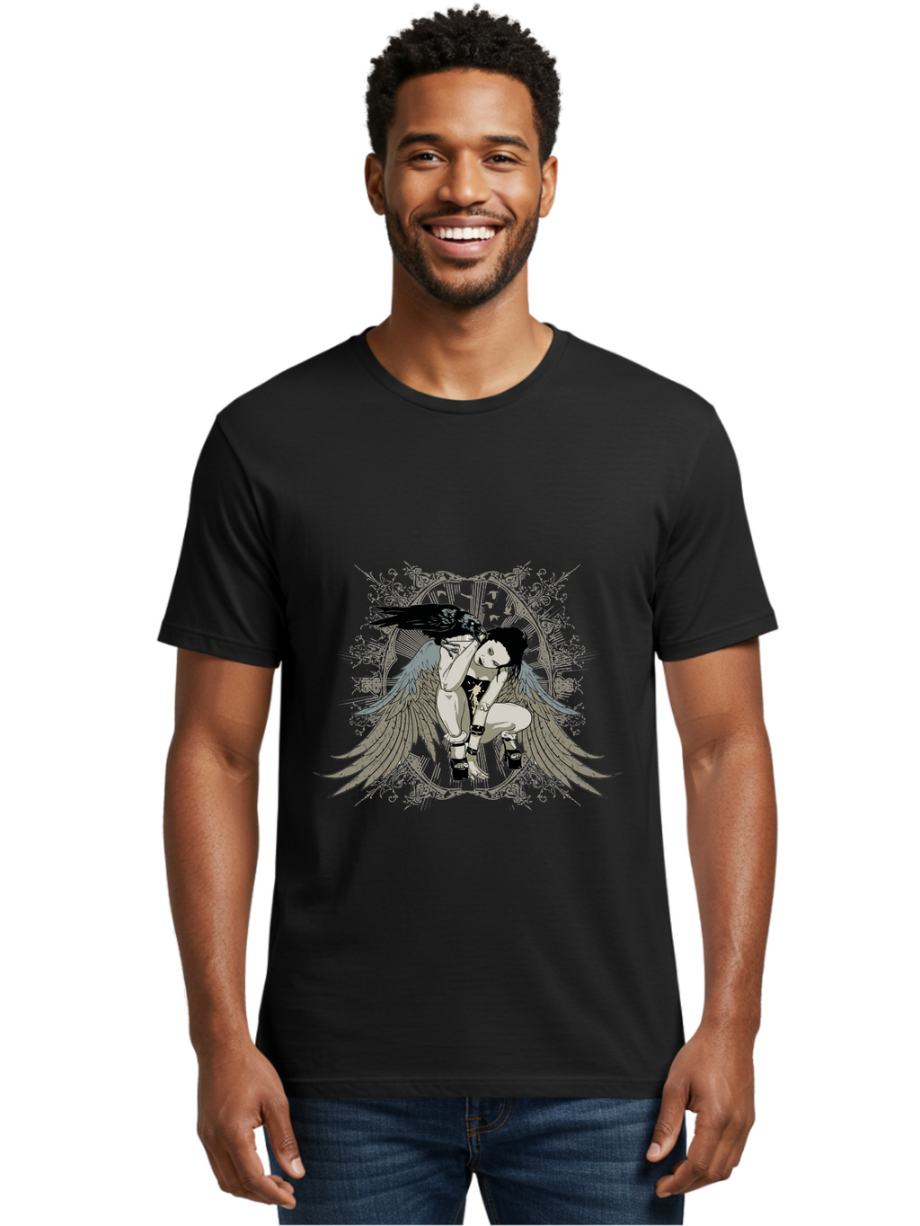 Fallen Silence Men'S Graphic Tee, 100% Cotton, Comfortable Casual Summer Wear, Machine Washable, Girl With Wings, Crow Perched On Head, Manga Style, Anime Art, Dark Hair, Black Boots, Winged Figure, Mystical Vibe, Gothic Aesthetic, Aae275