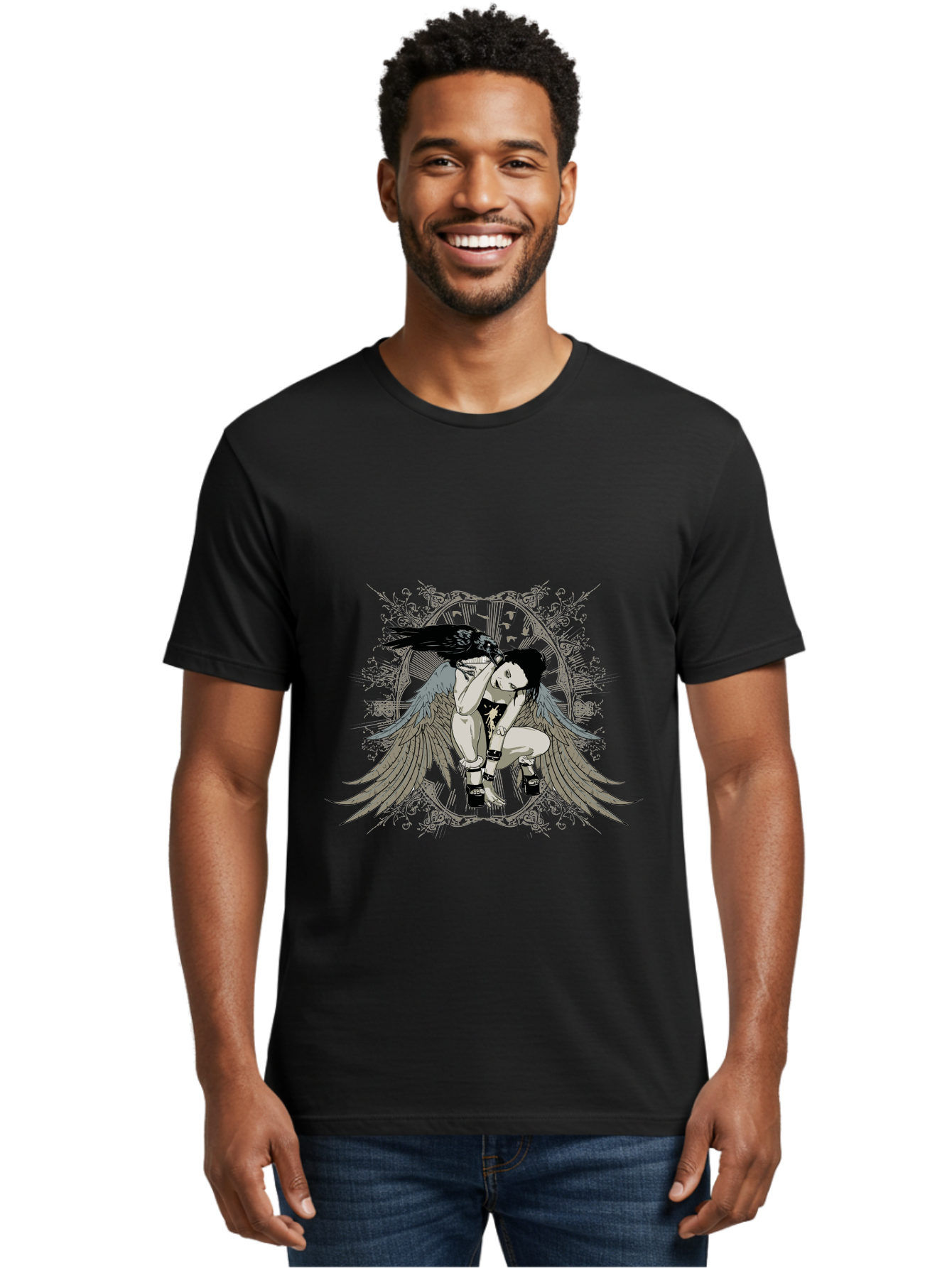 Fallen Silence Men'S Graphic Tee, 100% Cotton, Comfortable Casual Summer Wear, Machine Washable, Girl With Wings, Crow Perched On Head, Manga Style, Anime Art, Dark Hair, Black Boots, Winged Figure, Mystical Vibe, Gothic Aesthetic, Aae275