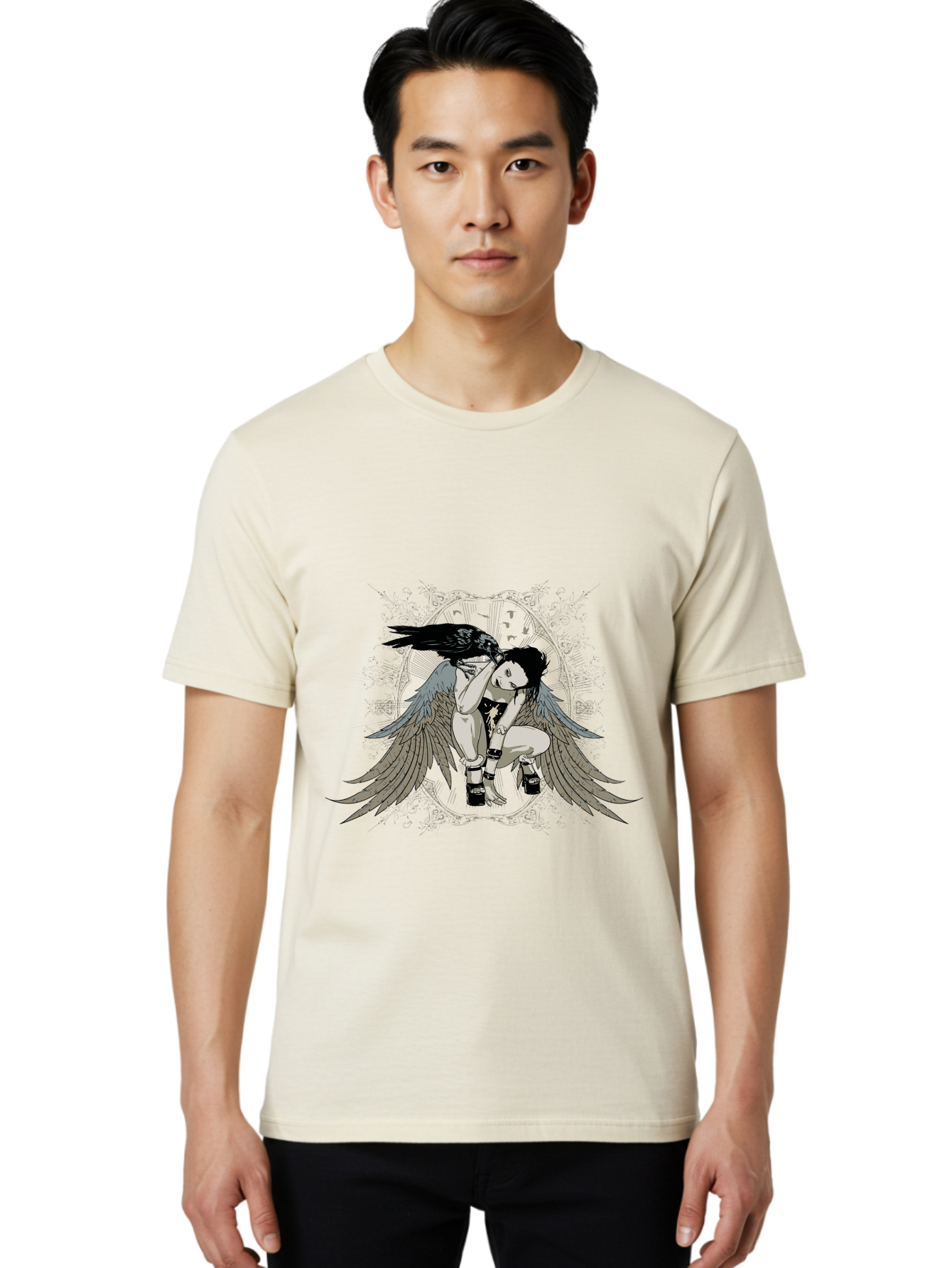Fallen Silence Men'S Graphic Tee, 100% Cotton, Comfortable Casual Summer Wear, Machine Washable, Girl With Wings, Crow Perched On Head, Manga Style, Anime Art, Dark Hair, Black Boots, Winged Figure, Mystical Vibe, Gothic Aesthetic, Aae275