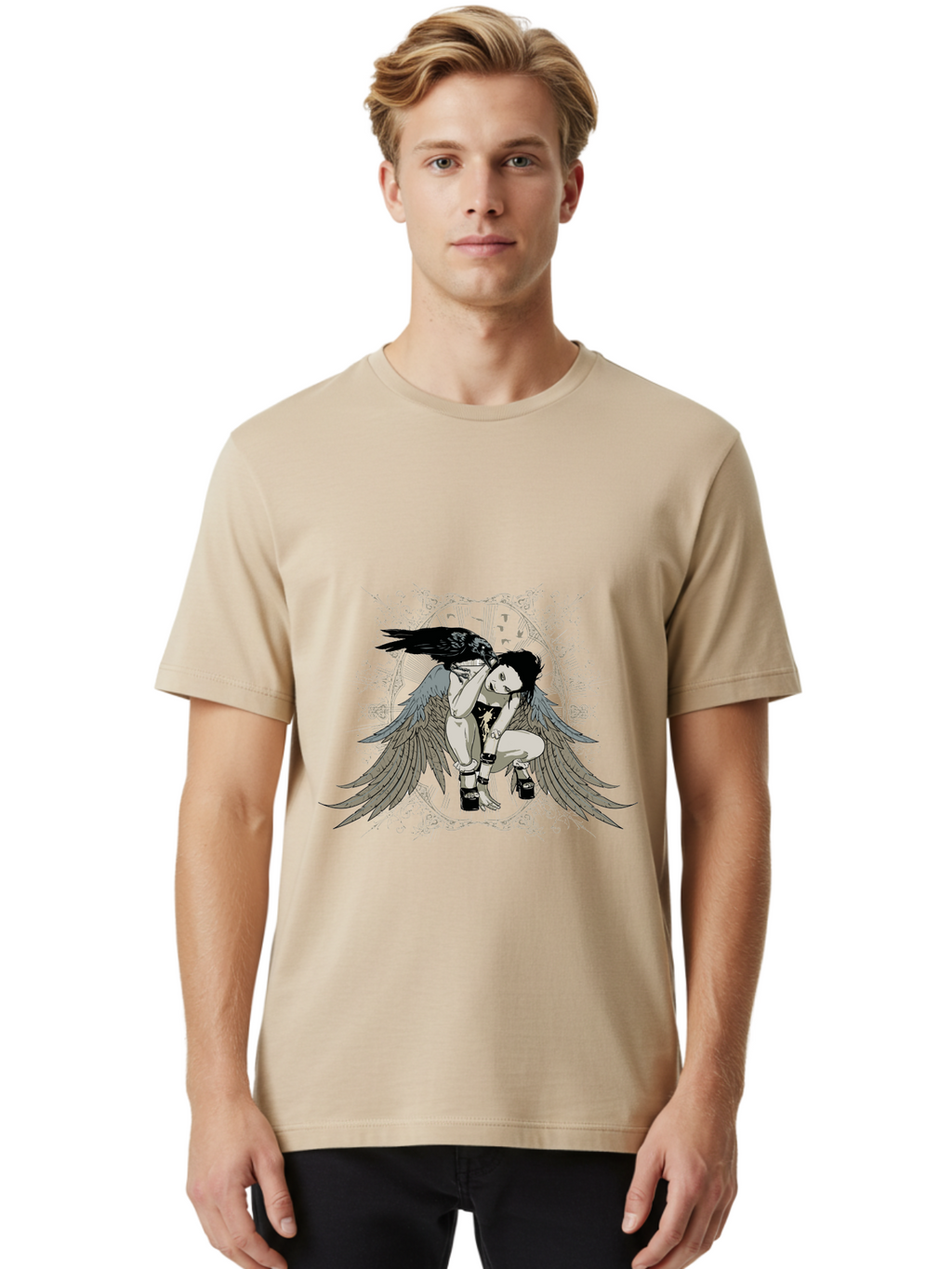 Fallen Silence Men'S Graphic Tee, 100% Cotton, Comfortable Casual Summer Wear, Machine Washable, Girl With Wings, Crow Perched On Head, Manga Style, Anime Art, Dark Hair, Black Boots, Winged Figure, Mystical Vibe, Gothic Aesthetic, Aae275