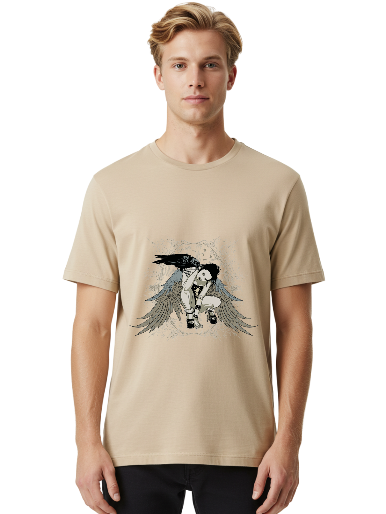 Fallen Silence Men'S Graphic Tee, 100% Cotton, Comfortable Casual Summer Wear, Machine Washable, Girl With Wings, Crow Perched On Head, Manga Style, Anime Art, Dark Hair, Black Boots, Winged Figure, Mystical Vibe, Gothic Aesthetic, Aae275
