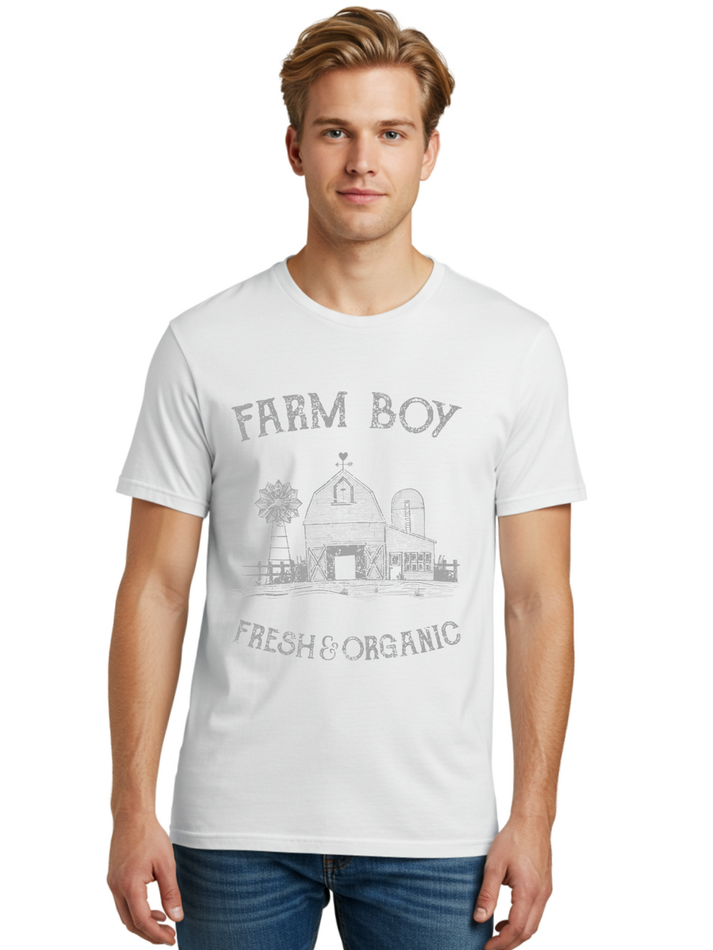 Farm Boy -Men Men'S Graphic Tee, 100% Cotton, Comfortable Casual Summer Wear, Machine Washable, Farmhouse Illustration, Barn With Silo, Farm Fresh Produce, Organic Farming, Country Lifestyle, Rustic Charm, Farm Boy, Fresh & Organic Aae276
