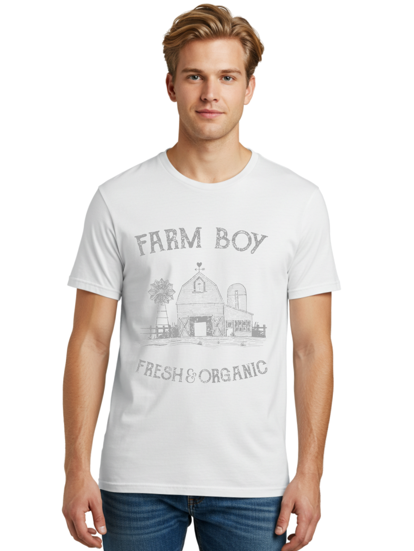Farm Boy -Men Men'S Graphic Tee, 100% Cotton, Comfortable Casual Summer Wear, Machine Washable, Farmhouse Illustration, Barn With Silo, Farm Fresh Produce, Organic Farming, Country Lifestyle, Rustic Charm, Farm Boy, Fresh & Organic Aae276
