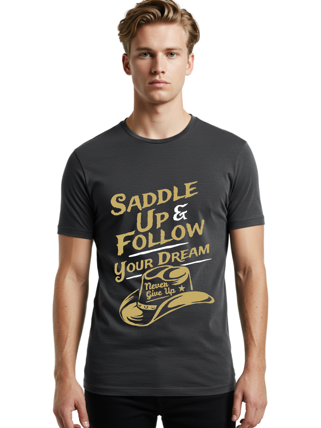 Follow Your Dream Men'S Graphic Tee, 100% Cotton, Comfortable Casual Summer Wear, Machine Washable, Cowboy Hat, Inspirational Quote, Motivational Phrase, Never Give Up, Follow Your Dream, Saddle Up, Cowboy Culture, Western Lifestyle, Aae287