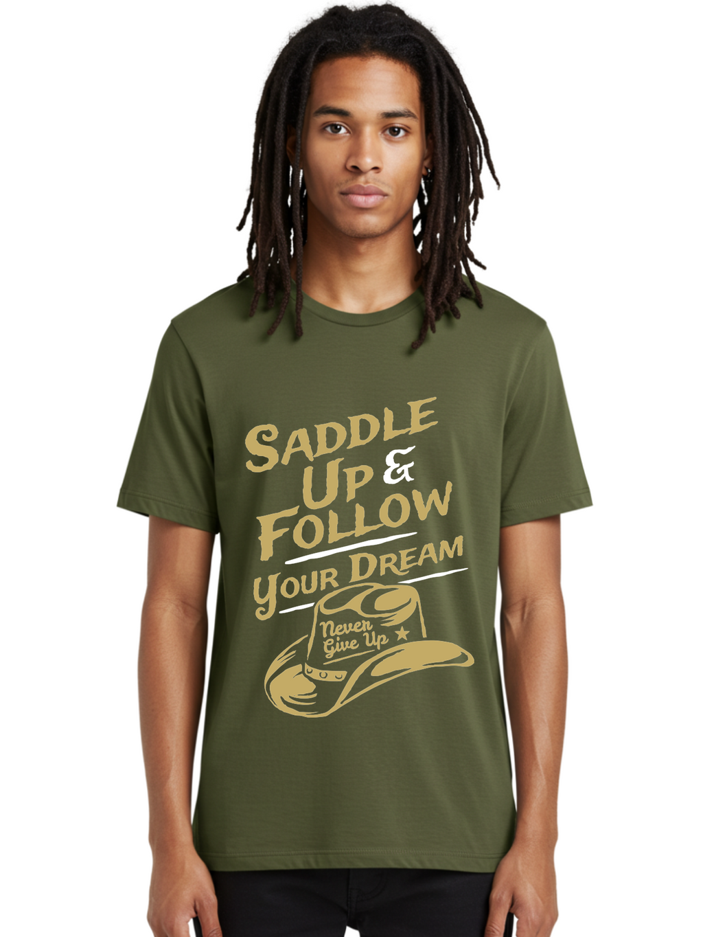 Follow Your Dream Men'S Graphic Tee, 100% Cotton, Comfortable Casual Summer Wear, Machine Washable, Cowboy Hat, Inspirational Quote, Motivational Phrase, Never Give Up, Follow Your Dream, Saddle Up, Cowboy Culture, Western Lifestyle, Aae287