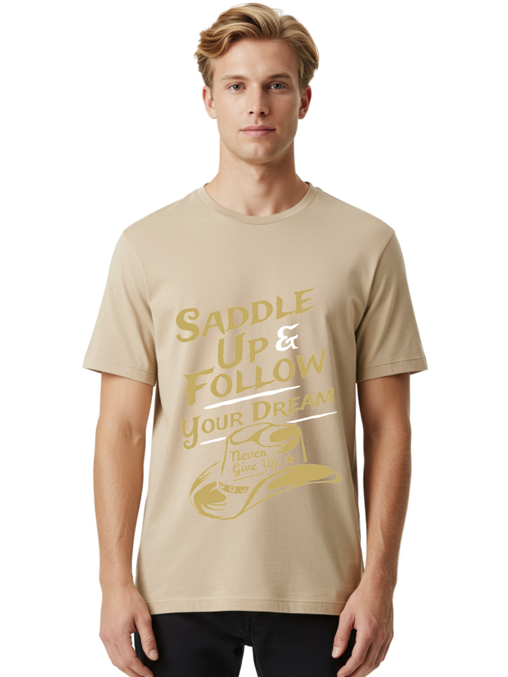 Follow Your Dream Men'S Graphic Tee, 100% Cotton, Comfortable Casual Summer Wear, Machine Washable, Cowboy Hat, Inspirational Quote, Motivational Phrase, Never Give Up, Follow Your Dream, Saddle Up, Cowboy Culture, Western Lifestyle, Aae287