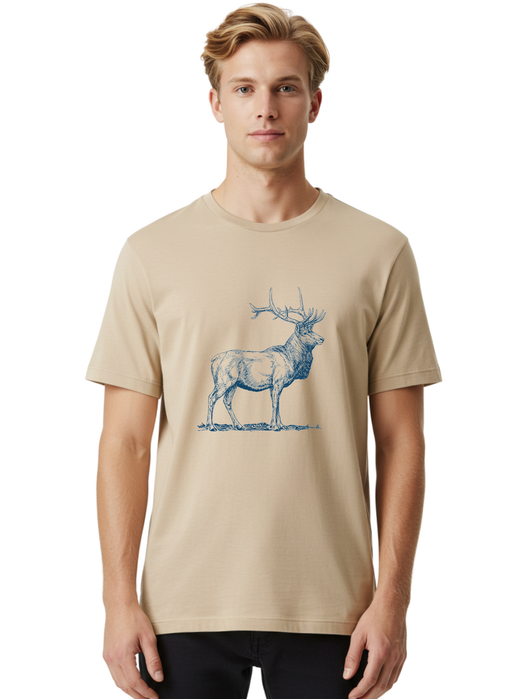 Forest King Stag Men'S Graphic Tee, 100% Cotton, Comfortable Casual Summer Wear, Machine Washable, Elk With Antlers, Wildlife Art, Hand-Drawn Illustration, Majestic Animal, Forest Creature, Nature Illustration, Detailed Drawing, Aae294