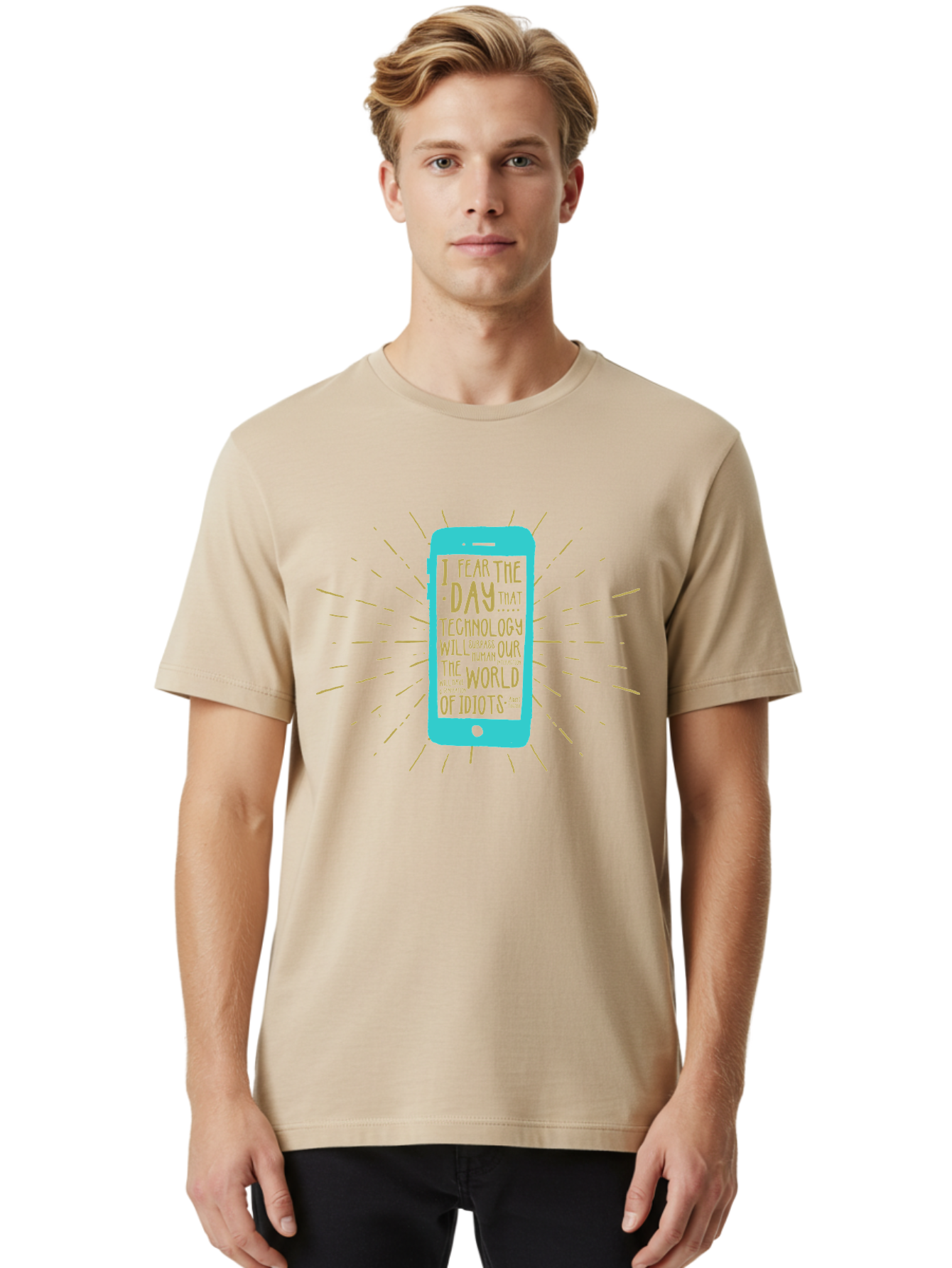 Generation Y Men'S Graphic Tee, 100% Cotton, Comfortable Casual Summer Wear, Machine Washable, Smartphone With Quote, Technology Concern, Future Anxiety, Innovation Impact, Digital Age, Social Commentary, Wise Words, Thought-Provoking Message Aae300