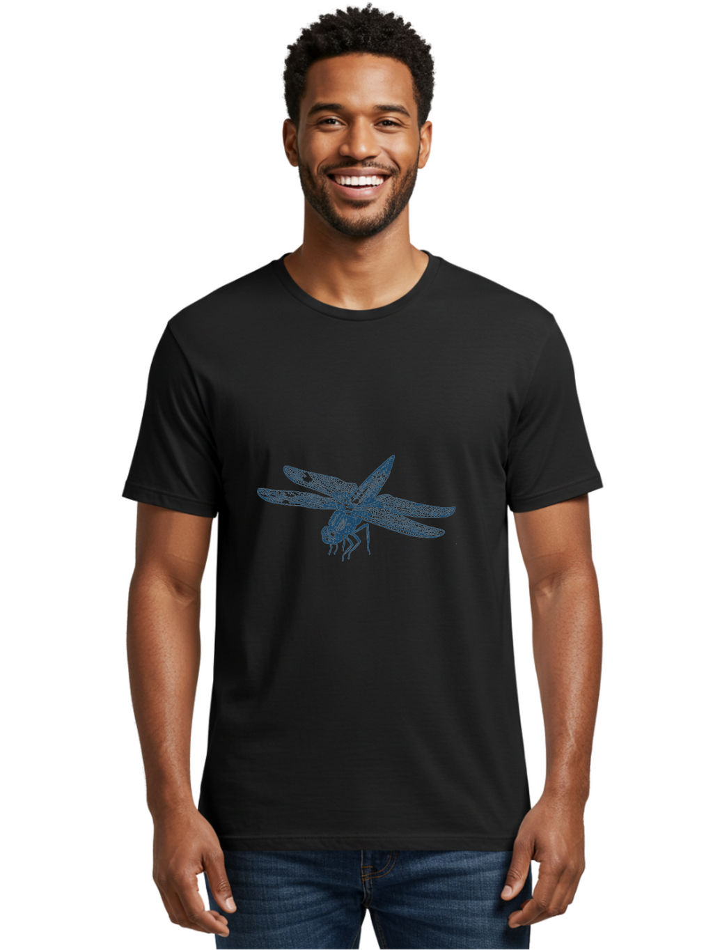 Insect-Flying Men'S Graphic Tee, 100% Cotton, Comfortable Casual Summer Wear, Machine Washable, Dragonfly, Insect Art, Blue Illustration, Nature Design, Wildlife Graphic, Insect Wings, Detailed Drawing, Entomology Art Aae402