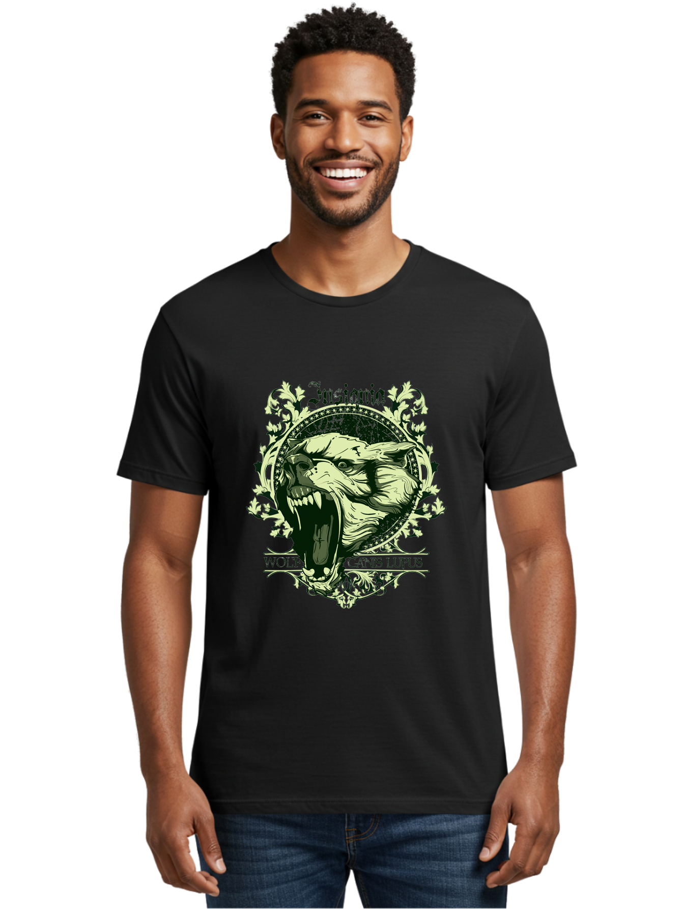 Insignia Wolf Men'S Graphic Tee, 100% Cotton, Comfortable Casual Summer Wear, Machine Washable, Aggressive Wolf, Insania, Canis Lupus, Ornate Design, Floral Patterns, Vintage Style, Wild Animal, Sharp Teeth, Bold Graphics, Gothic Font Aae403
