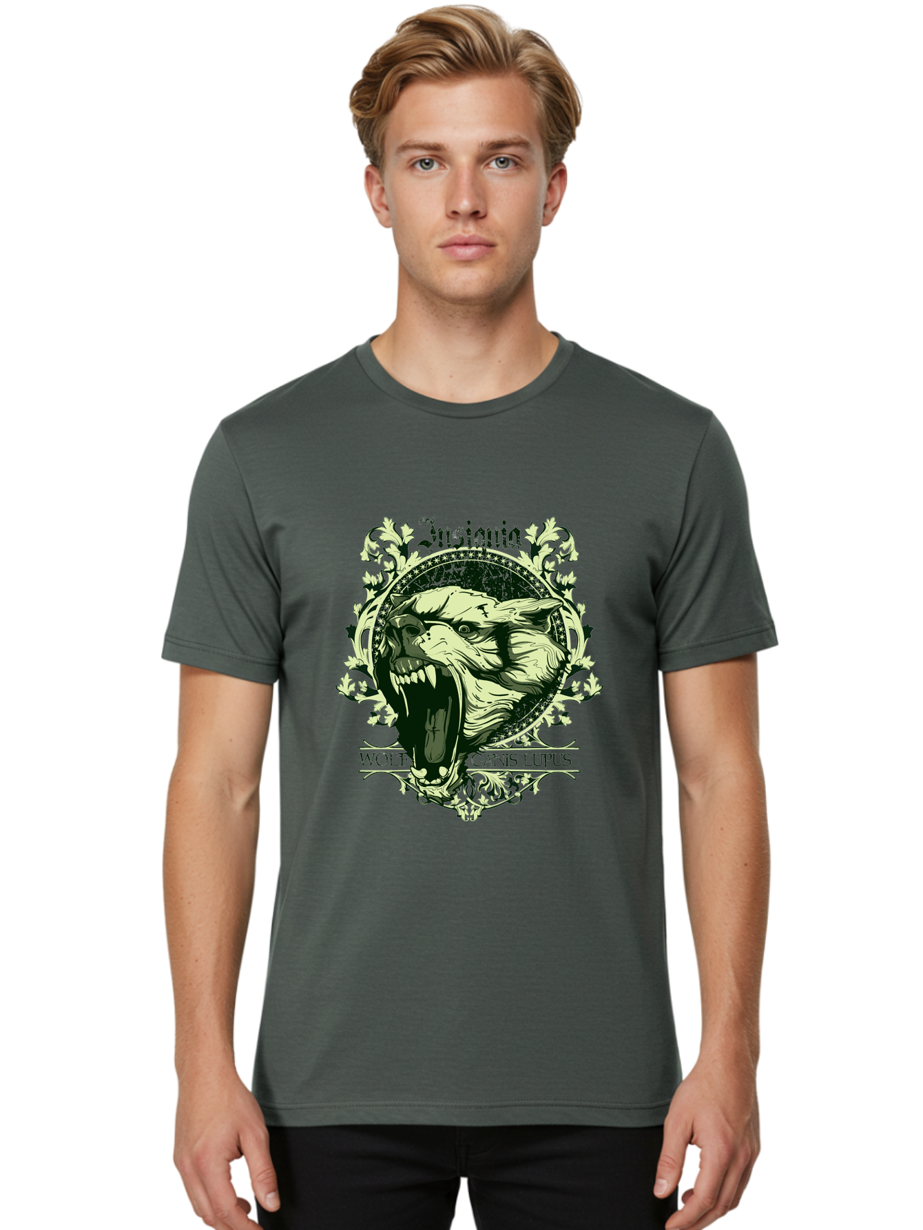 Insignia Wolf Men'S Graphic Tee, 100% Cotton, Comfortable Casual Summer Wear, Machine Washable, Aggressive Wolf, Insania, Canis Lupus, Ornate Design, Floral Patterns, Vintage Style, Wild Animal, Sharp Teeth, Bold Graphics, Gothic Font Aae403