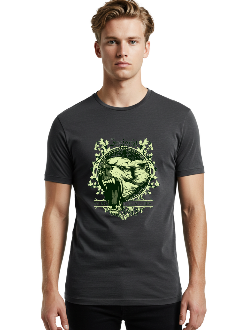 Insignia Wolf Men'S Graphic Tee, 100% Cotton, Comfortable Casual Summer Wear, Machine Washable, Aggressive Wolf, Insania, Canis Lupus, Ornate Design, Floral Patterns, Vintage Style, Wild Animal, Sharp Teeth, Bold Graphics, Gothic Font Aae403