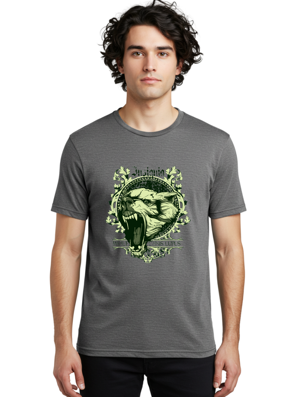 Insignia Wolf Men'S Graphic Tee, 100% Cotton, Comfortable Casual Summer Wear, Machine Washable, Aggressive Wolf, Insania, Canis Lupus, Ornate Design, Floral Patterns, Vintage Style, Wild Animal, Sharp Teeth, Bold Graphics, Gothic Font Aae403
