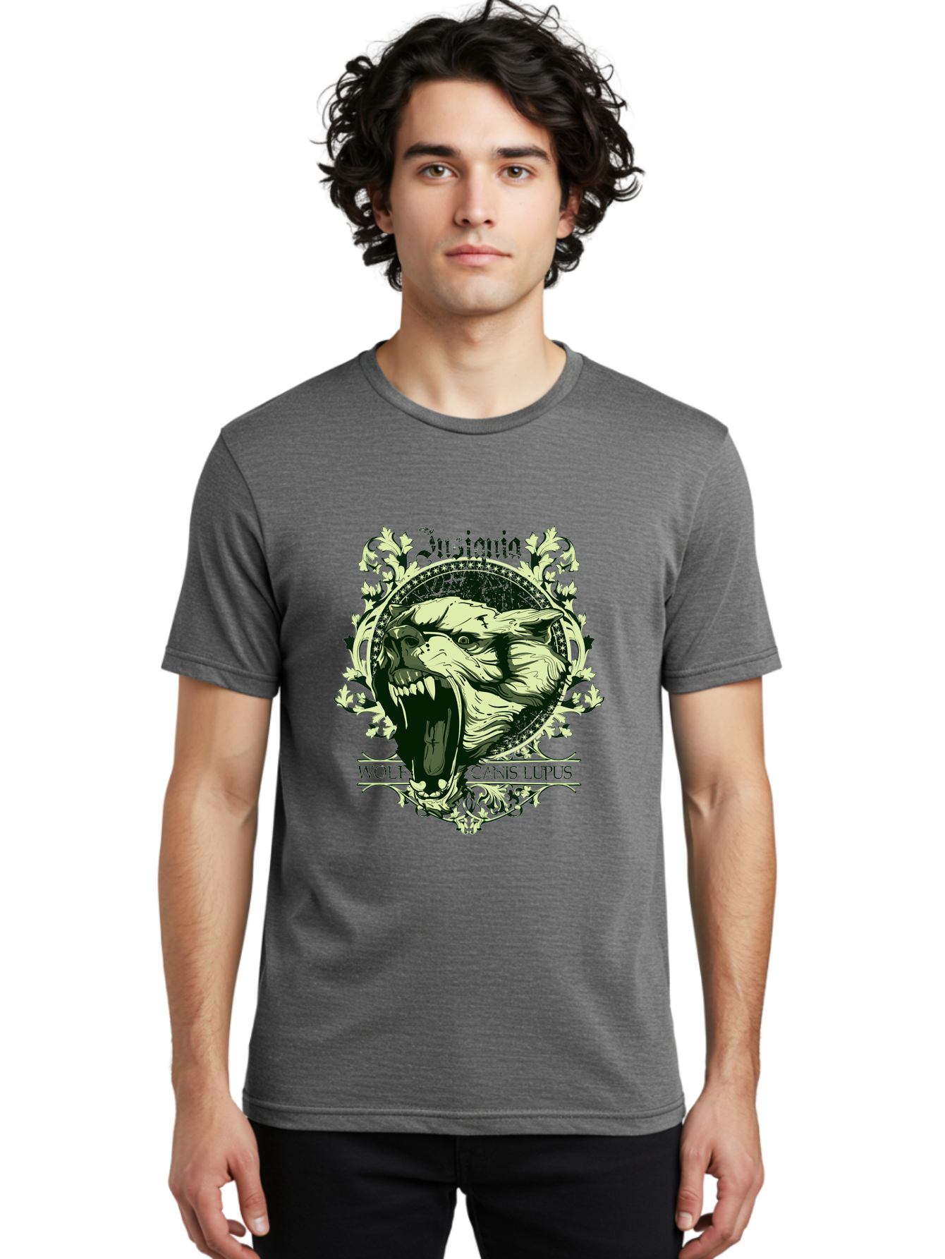 Insignia Wolf Men'S Graphic Tee, 100% Cotton, Comfortable Casual Summer Wear, Machine Washable, Aggressive Wolf, Insania, Canis Lupus, Ornate Design, Floral Patterns, Vintage Style, Wild Animal, Sharp Teeth, Bold Graphics, Gothic Font Aae403