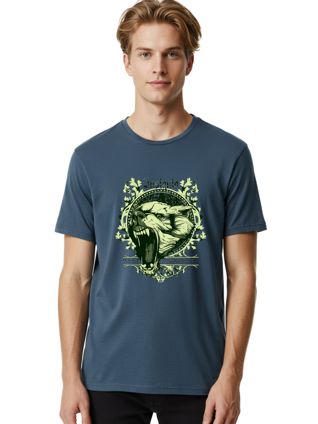 Insignia Wolf Men'S Graphic Tee, 100% Cotton, Comfortable Casual Summer Wear, Machine Washable, Aggressive Wolf, Insania, Canis Lupus, Ornate Design, Floral Patterns, Vintage Style, Wild Animal, Sharp Teeth, Bold Graphics, Gothic Font Aae403