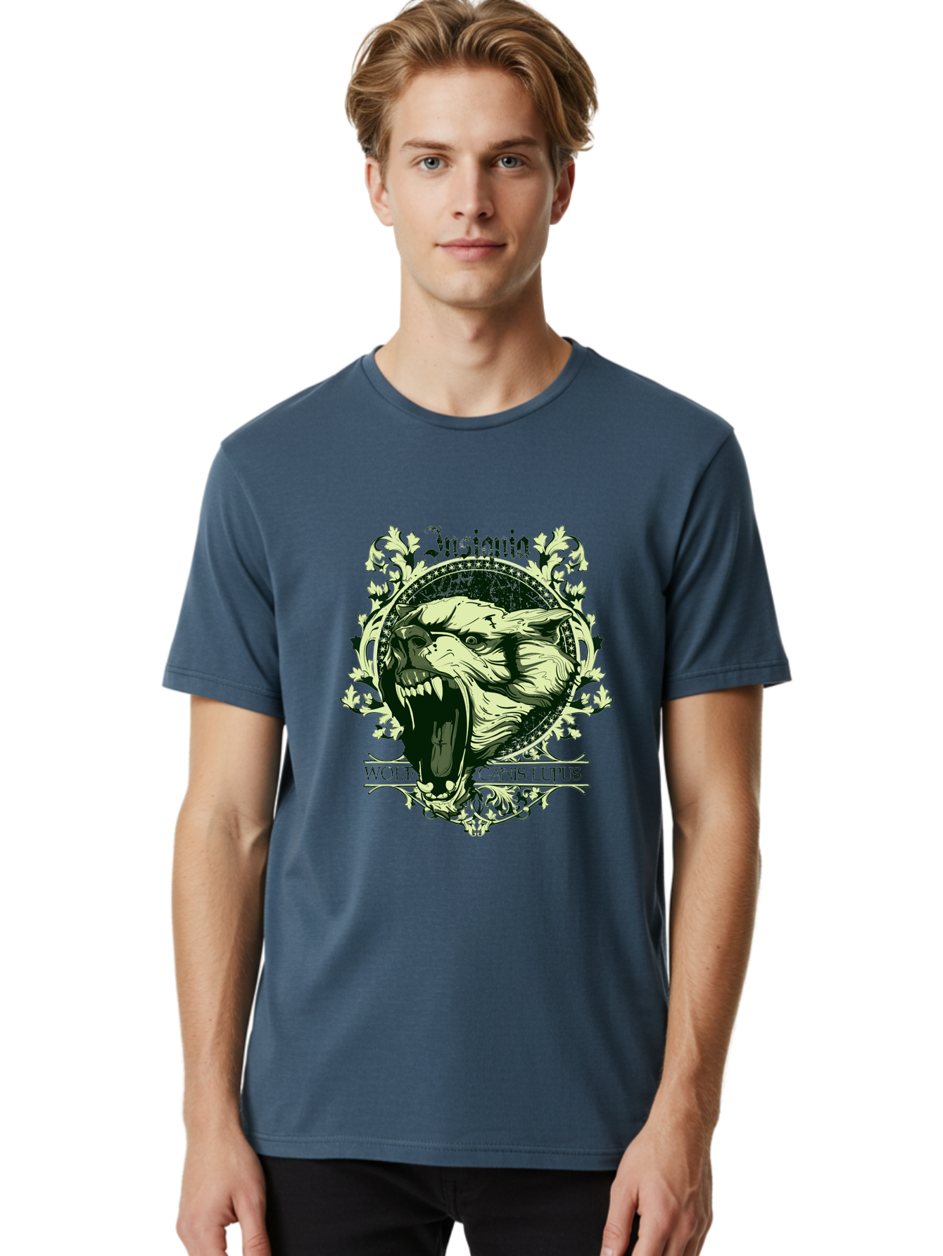 Insignia Wolf Men'S Graphic Tee, 100% Cotton, Comfortable Casual Summer Wear, Machine Washable, Aggressive Wolf, Insania, Canis Lupus, Ornate Design, Floral Patterns, Vintage Style, Wild Animal, Sharp Teeth, Bold Graphics, Gothic Font Aae403