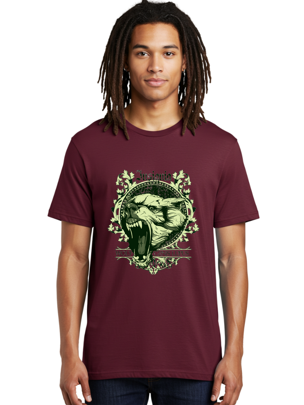 Insignia Wolf Men'S Graphic Tee, 100% Cotton, Comfortable Casual Summer Wear, Machine Washable, Aggressive Wolf, Insania, Canis Lupus, Ornate Design, Floral Patterns, Vintage Style, Wild Animal, Sharp Teeth, Bold Graphics, Gothic Font Aae403
