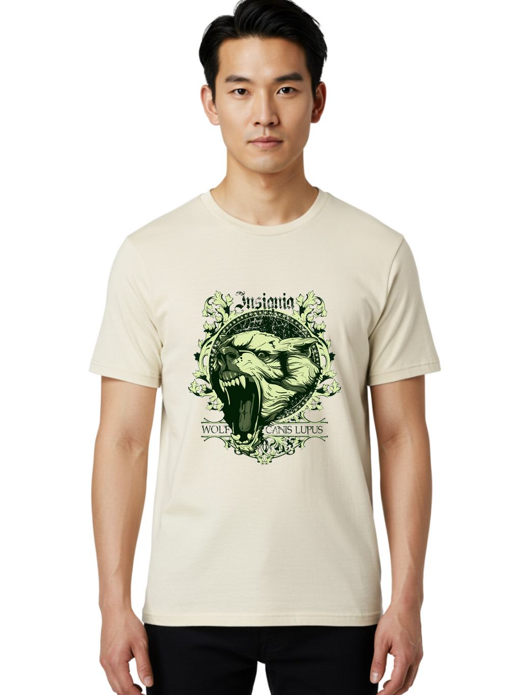 Insignia Wolf Men'S Graphic Tee, 100% Cotton, Comfortable Casual Summer Wear, Machine Washable, Aggressive Wolf, Insania, Canis Lupus, Ornate Design, Floral Patterns, Vintage Style, Wild Animal, Sharp Teeth, Bold Graphics, Gothic Font Aae403