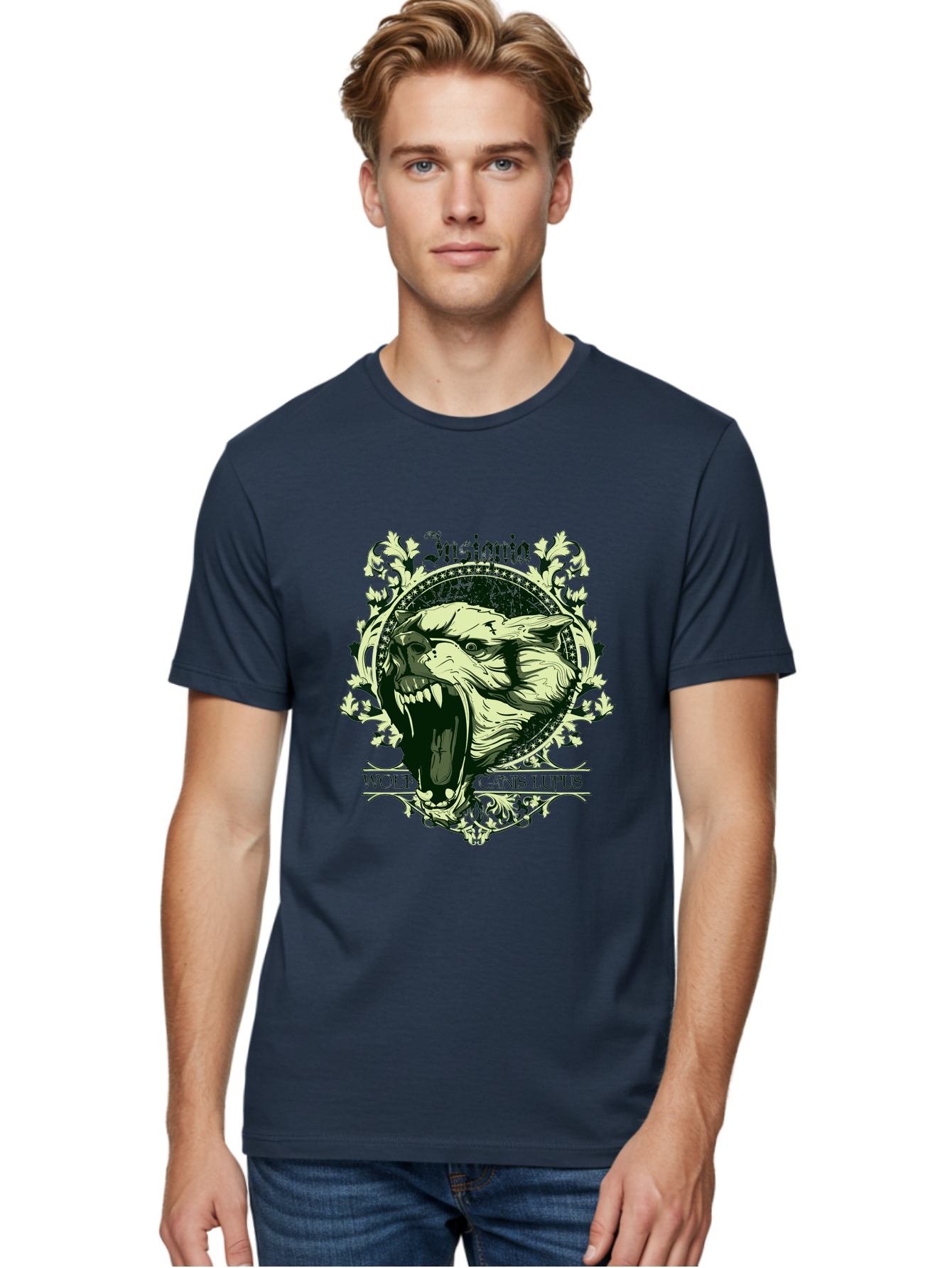 Insignia Wolf Men'S Graphic Tee, 100% Cotton, Comfortable Casual Summer Wear, Machine Washable, Aggressive Wolf, Insania, Canis Lupus, Ornate Design, Floral Patterns, Vintage Style, Wild Animal, Sharp Teeth, Bold Graphics, Gothic Font Aae403