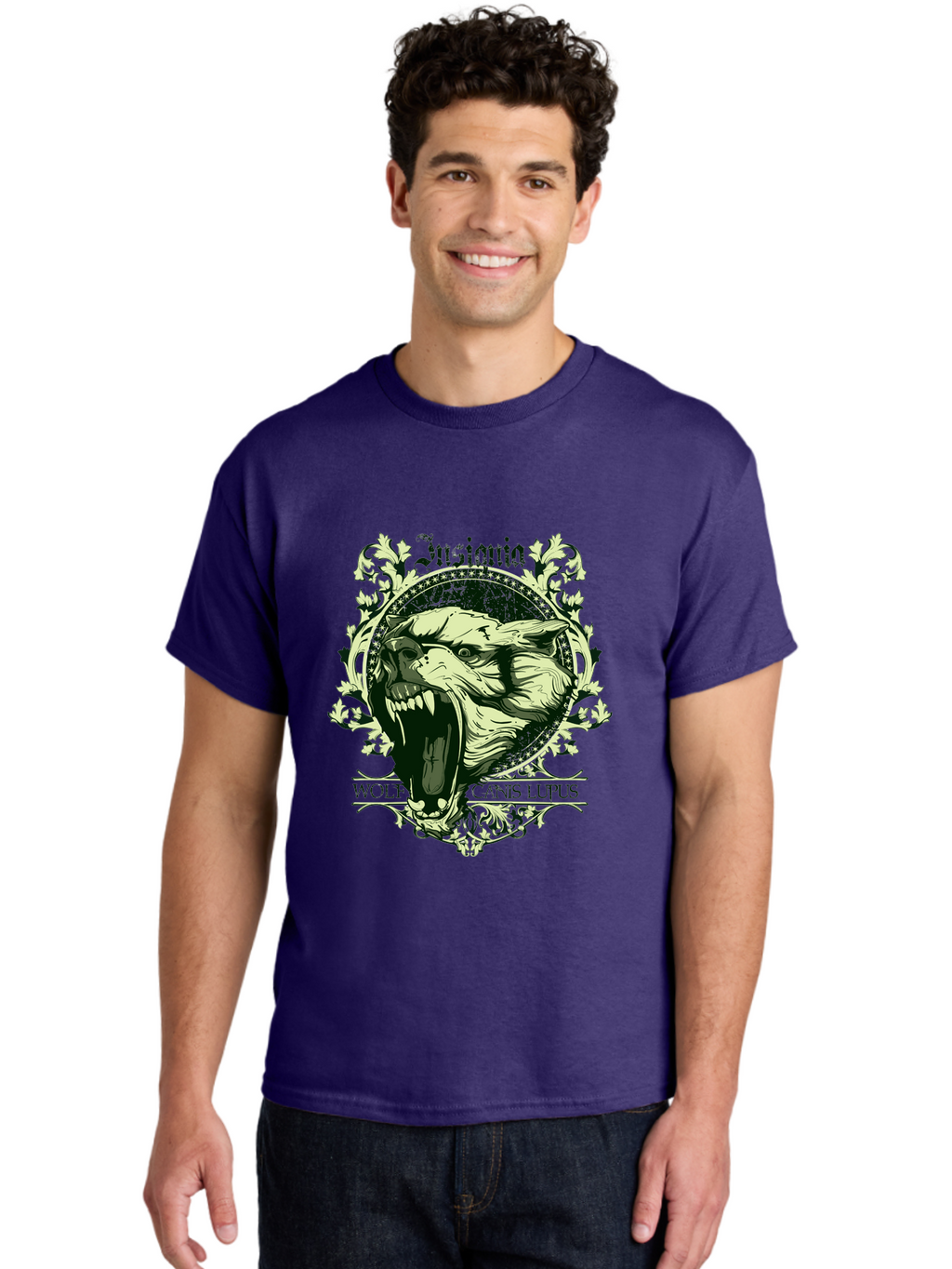 Insignia Wolf Men'S Graphic Tee, 100% Cotton, Comfortable Casual Summer Wear, Machine Washable, Aggressive Wolf, Insania, Canis Lupus, Ornate Design, Floral Patterns, Vintage Style, Wild Animal, Sharp Teeth, Bold Graphics, Gothic Font Aae403