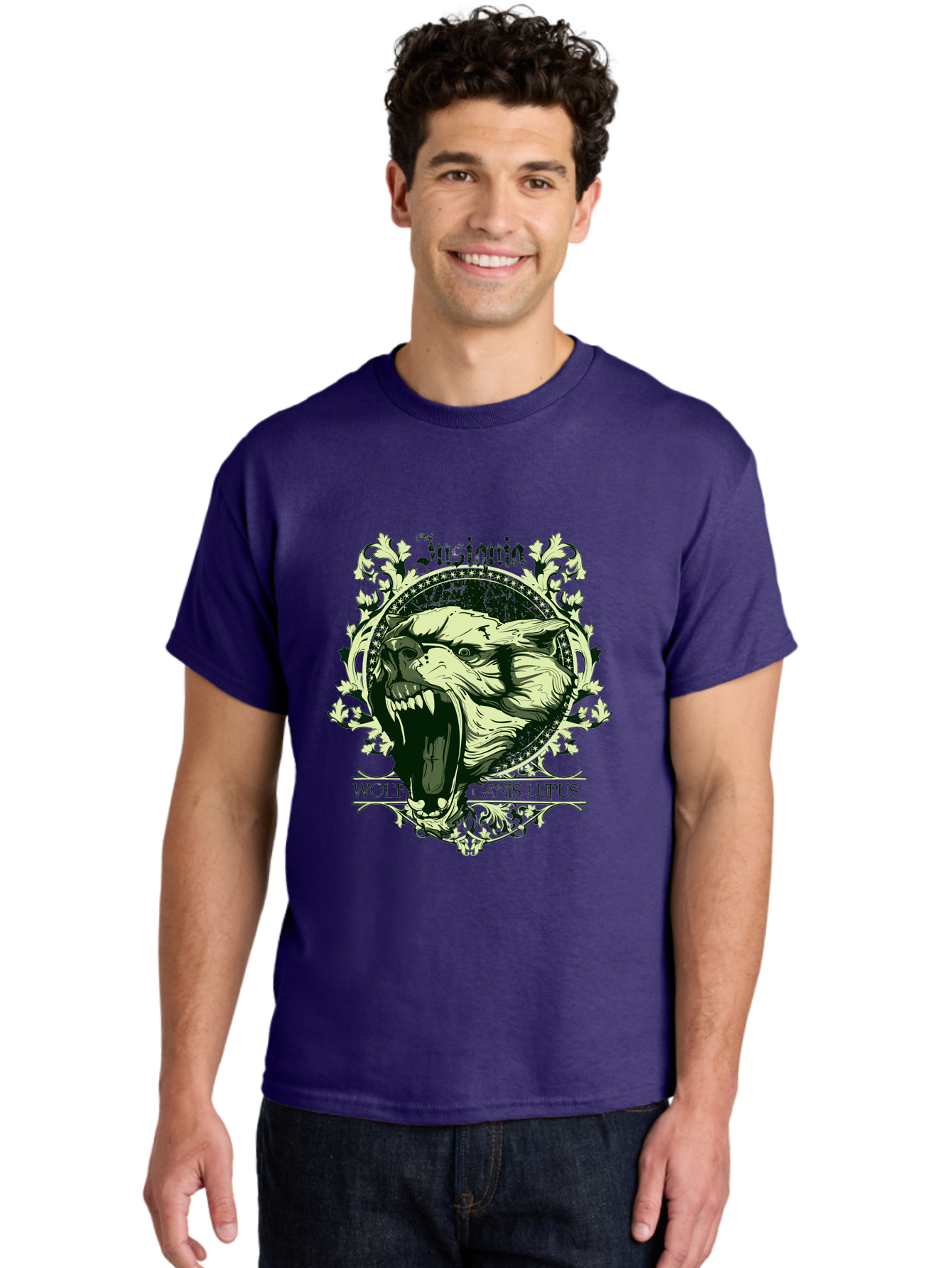 Insignia Wolf Men'S Graphic Tee, 100% Cotton, Comfortable Casual Summer Wear, Machine Washable, Aggressive Wolf, Insania, Canis Lupus, Ornate Design, Floral Patterns, Vintage Style, Wild Animal, Sharp Teeth, Bold Graphics, Gothic Font Aae403