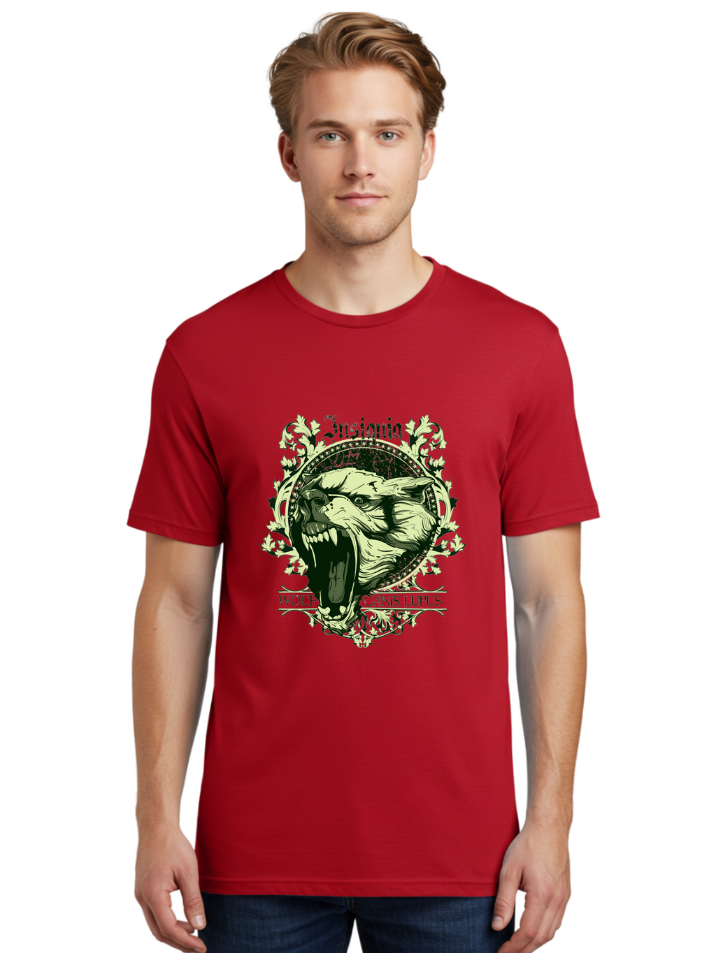Insignia Wolf Men'S Graphic Tee, 100% Cotton, Comfortable Casual Summer Wear, Machine Washable, Aggressive Wolf, Insania, Canis Lupus, Ornate Design, Floral Patterns, Vintage Style, Wild Animal, Sharp Teeth, Bold Graphics, Gothic Font Aae403