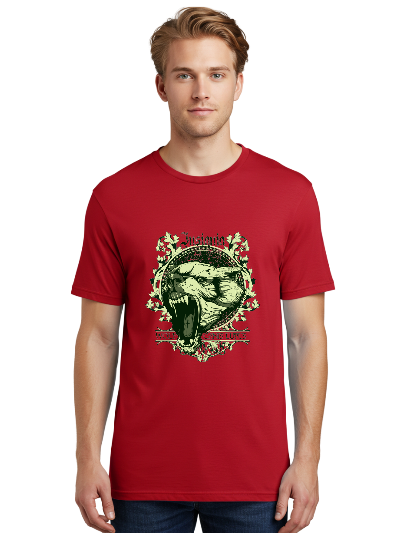 Insignia Wolf Men'S Graphic Tee, 100% Cotton, Comfortable Casual Summer Wear, Machine Washable, Aggressive Wolf, Insania, Canis Lupus, Ornate Design, Floral Patterns, Vintage Style, Wild Animal, Sharp Teeth, Bold Graphics, Gothic Font Aae403