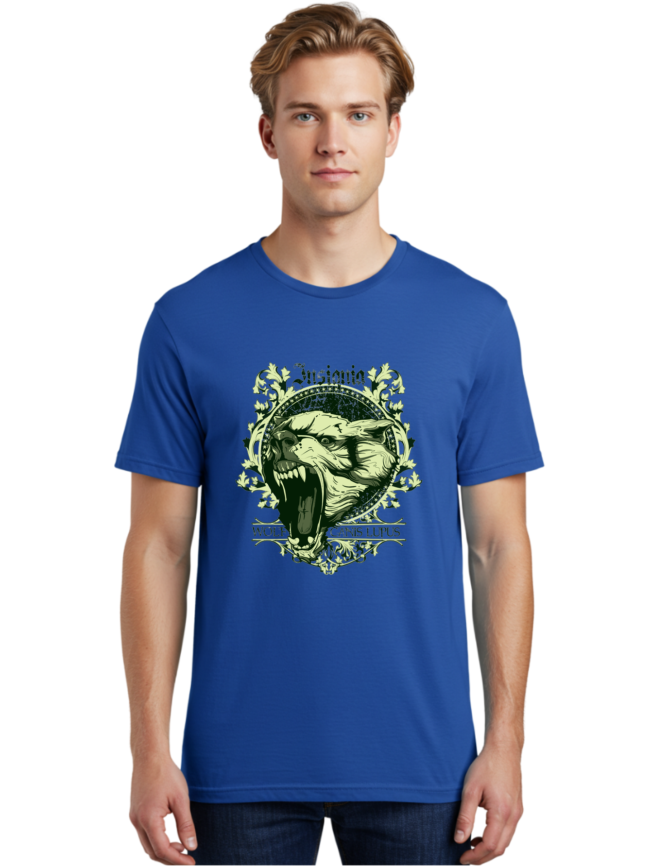 Insignia Wolf Men'S Graphic Tee, 100% Cotton, Comfortable Casual Summer Wear, Machine Washable, Aggressive Wolf, Insania, Canis Lupus, Ornate Design, Floral Patterns, Vintage Style, Wild Animal, Sharp Teeth, Bold Graphics, Gothic Font Aae403