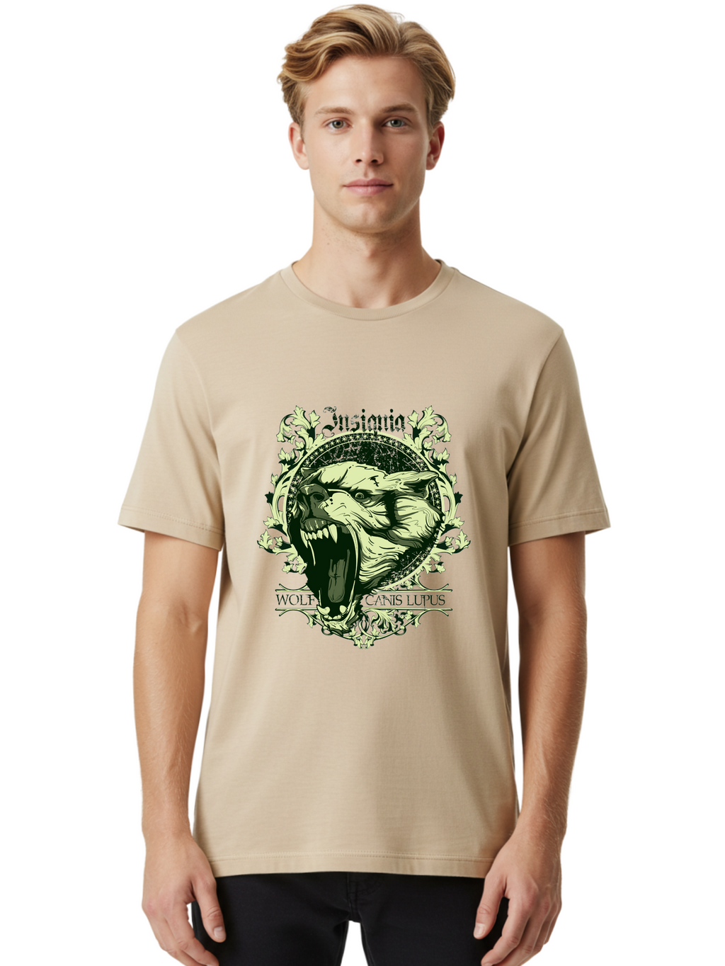 Insignia Wolf Men'S Graphic Tee, 100% Cotton, Comfortable Casual Summer Wear, Machine Washable, Aggressive Wolf, Insania, Canis Lupus, Ornate Design, Floral Patterns, Vintage Style, Wild Animal, Sharp Teeth, Bold Graphics, Gothic Font Aae403