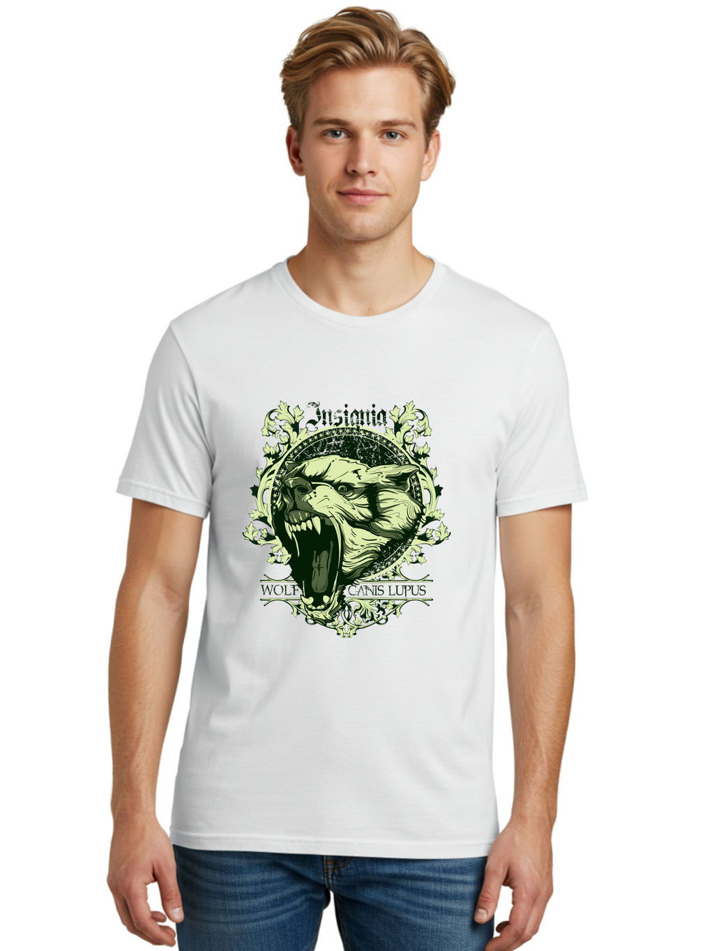 Insignia Wolf Men'S Graphic Tee, 100% Cotton, Comfortable Casual Summer Wear, Machine Washable, Aggressive Wolf, Insania, Canis Lupus, Ornate Design, Floral Patterns, Vintage Style, Wild Animal, Sharp Teeth, Bold Graphics, Gothic Font Aae403