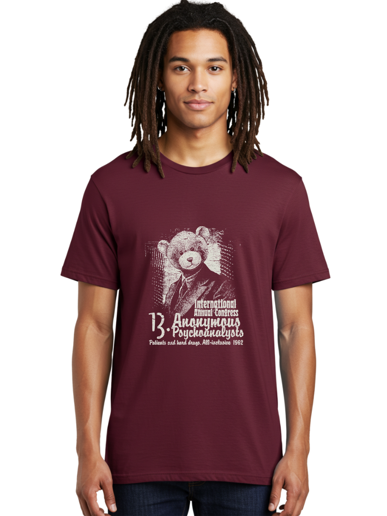 International Annual Congress Teddy Bear Men'S Graphic Tee, 100% Cotton, Comfortable Casual Summer Wear, Machine Washable, Teddy Bear In A Suit, Humorous Illustration, 1962 Conference, Psychoanalysis Theme, Vintage Design, Aae404