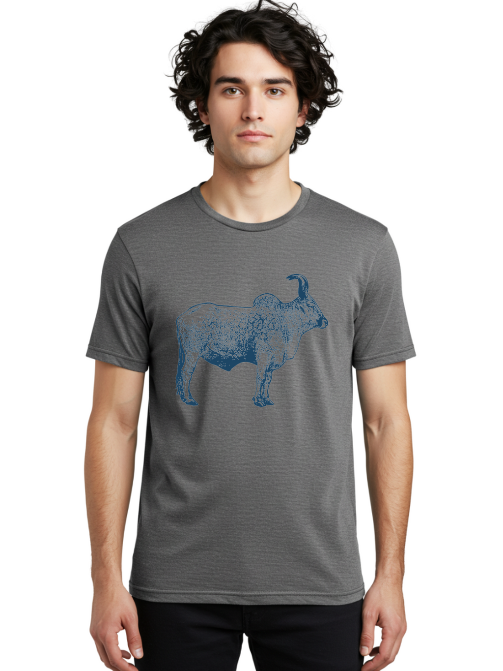 Iron Horn Buffalo 2 Men'S Graphic Tee, 100% Cotton, Comfortable Casual Summer Wear, Machine Washable, Bull Graphic, Dark Blue Illustration, Horned Animal, Livestock Art, Wildlife Design, Abstract Texture, Sketch Style Aae407