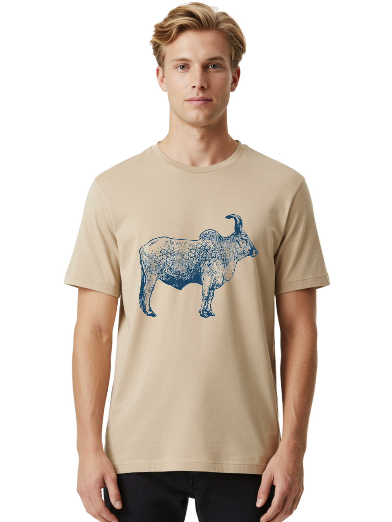 Iron Horn Buffalo 2 Men'S Graphic Tee, 100% Cotton, Comfortable Casual Summer Wear, Machine Washable, Bull Graphic, Dark Blue Illustration, Horned Animal, Livestock Art, Wildlife Design, Abstract Texture, Sketch Style Aae407