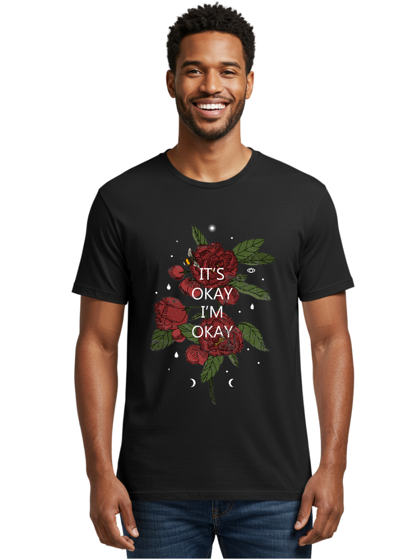 Its Okay Men'S Graphic Tee, 100% Cotton, Comfortable Casual Summer Wear, Machine Washable, Red Roses, Green Leaves, Affirmation Quote, Motivational Phrase, Mental Health Awareness, Self Care, Wellness, Floral Design, Inspirational Art Aae411