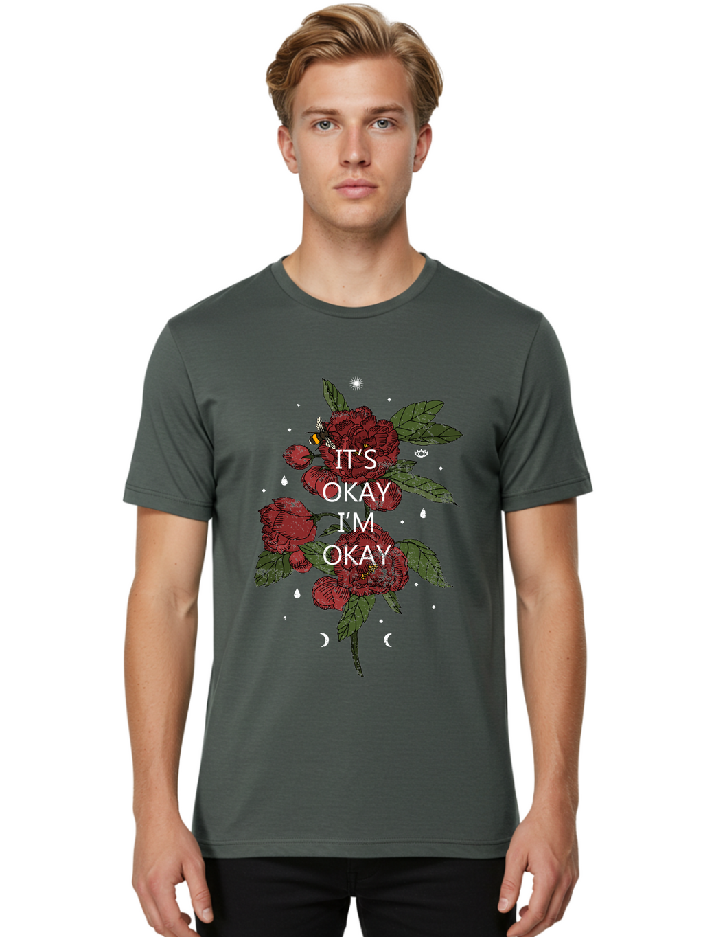 Its Okay Men'S Graphic Tee, 100% Cotton, Comfortable Casual Summer Wear, Machine Washable, Red Roses, Green Leaves, Affirmation Quote, Motivational Phrase, Mental Health Awareness, Self Care, Wellness, Floral Design, Inspirational Art Aae411