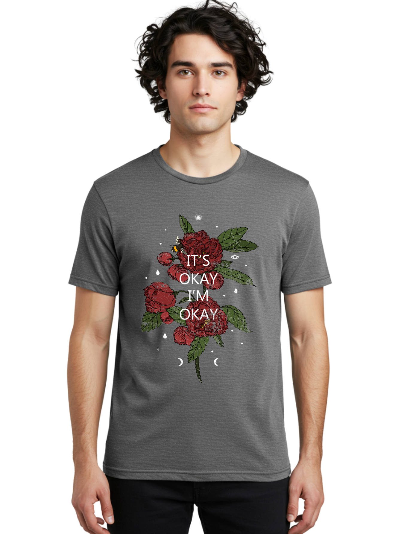 Its Okay Men'S Graphic Tee, 100% Cotton, Comfortable Casual Summer Wear, Machine Washable, Red Roses, Green Leaves, Affirmation Quote, Motivational Phrase, Mental Health Awareness, Self Care, Wellness, Floral Design, Inspirational Art Aae411
