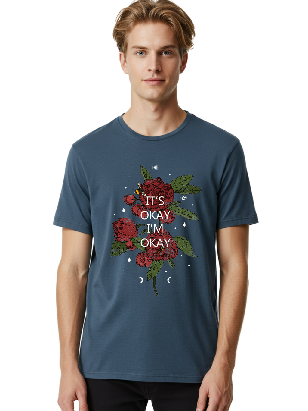 Its Okay Men'S Graphic Tee, 100% Cotton, Comfortable Casual Summer Wear, Machine Washable, Red Roses, Green Leaves, Affirmation Quote, Motivational Phrase, Mental Health Awareness, Self Care, Wellness, Floral Design, Inspirational Art Aae411