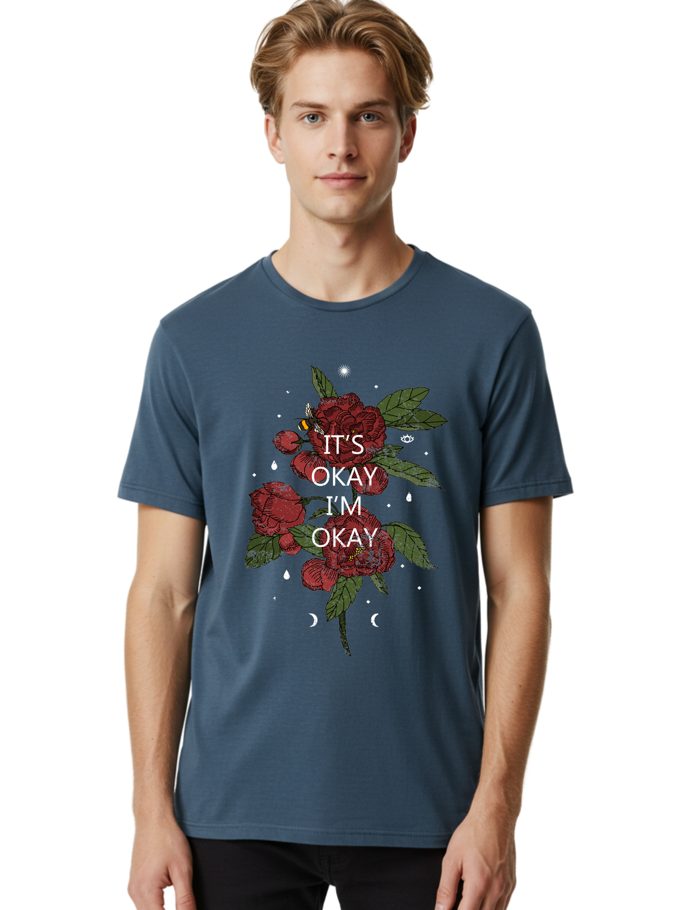Its Okay Men'S Graphic Tee, 100% Cotton, Comfortable Casual Summer Wear, Machine Washable, Red Roses, Green Leaves, Affirmation Quote, Motivational Phrase, Mental Health Awareness, Self Care, Wellness, Floral Design, Inspirational Art Aae411
