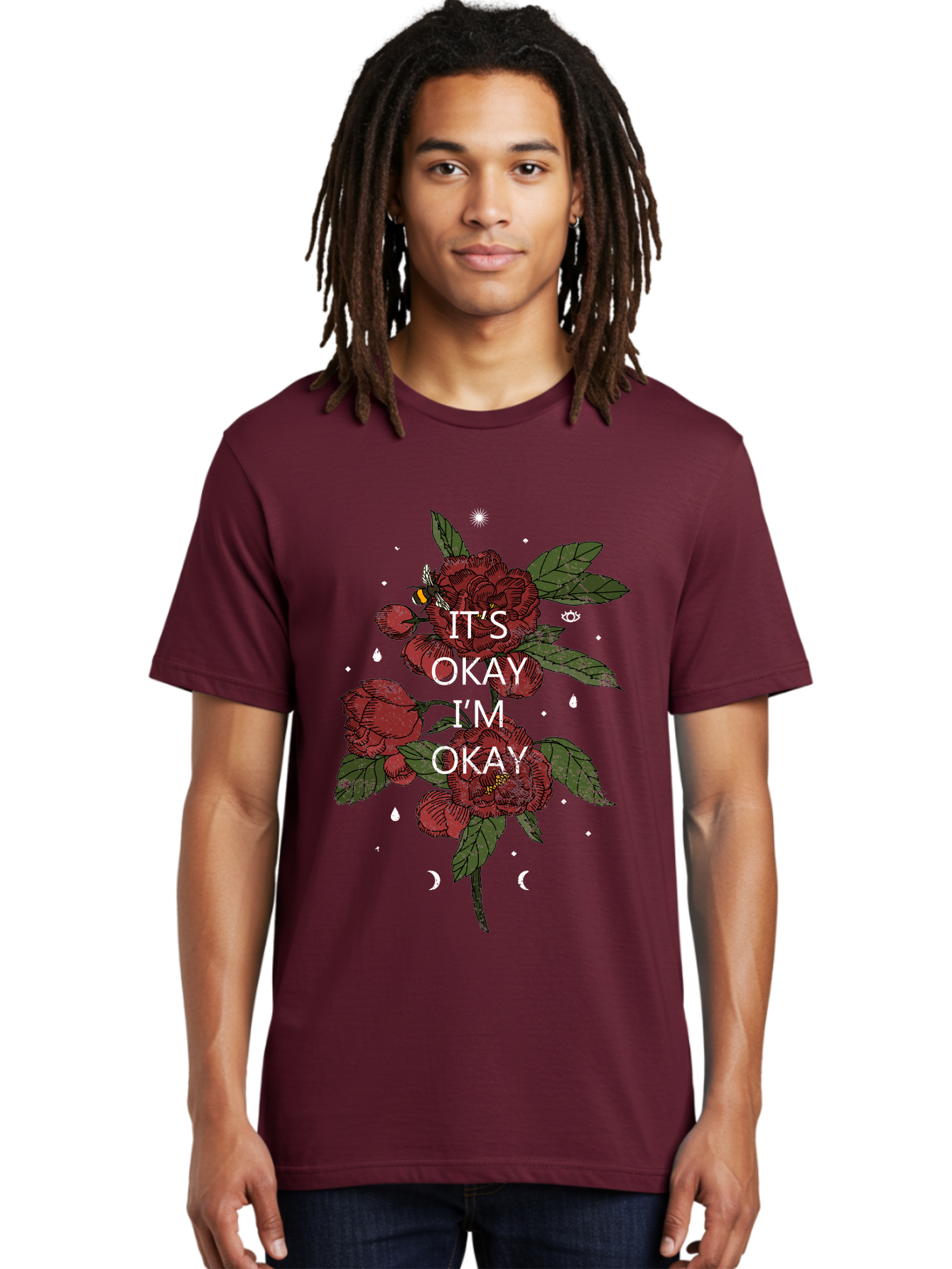 Its Okay Men'S Graphic Tee, 100% Cotton, Comfortable Casual Summer Wear, Machine Washable, Red Roses, Green Leaves, Affirmation Quote, Motivational Phrase, Mental Health Awareness, Self Care, Wellness, Floral Design, Inspirational Art Aae411
