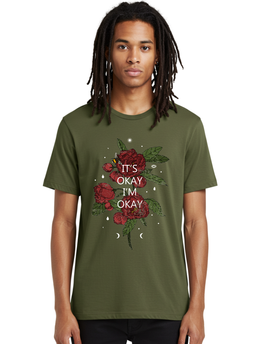 Its Okay Men'S Graphic Tee, 100% Cotton, Comfortable Casual Summer Wear, Machine Washable, Red Roses, Green Leaves, Affirmation Quote, Motivational Phrase, Mental Health Awareness, Self Care, Wellness, Floral Design, Inspirational Art Aae411