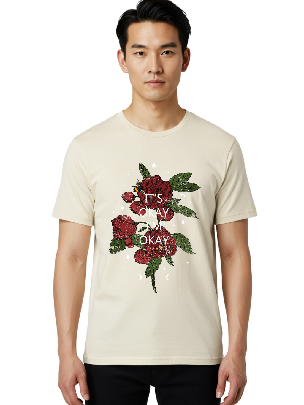 Its Okay Men'S Graphic Tee, 100% Cotton, Comfortable Casual Summer Wear, Machine Washable, Red Roses, Green Leaves, Affirmation Quote, Motivational Phrase, Mental Health Awareness, Self Care, Wellness, Floral Design, Inspirational Art Aae411