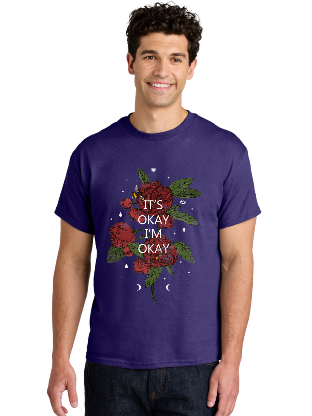 Its Okay Men'S Graphic Tee, 100% Cotton, Comfortable Casual Summer Wear, Machine Washable, Red Roses, Green Leaves, Affirmation Quote, Motivational Phrase, Mental Health Awareness, Self Care, Wellness, Floral Design, Inspirational Art Aae411