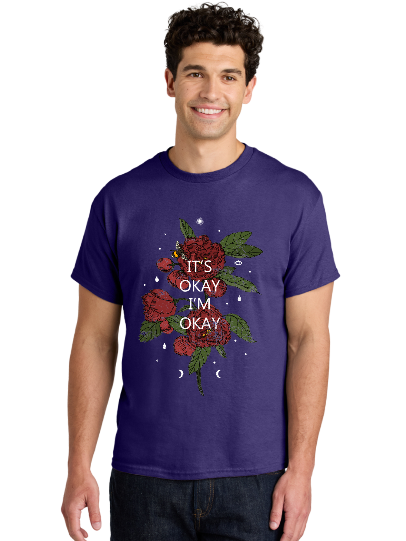 Its Okay Men'S Graphic Tee, 100% Cotton, Comfortable Casual Summer Wear, Machine Washable, Red Roses, Green Leaves, Affirmation Quote, Motivational Phrase, Mental Health Awareness, Self Care, Wellness, Floral Design, Inspirational Art Aae411