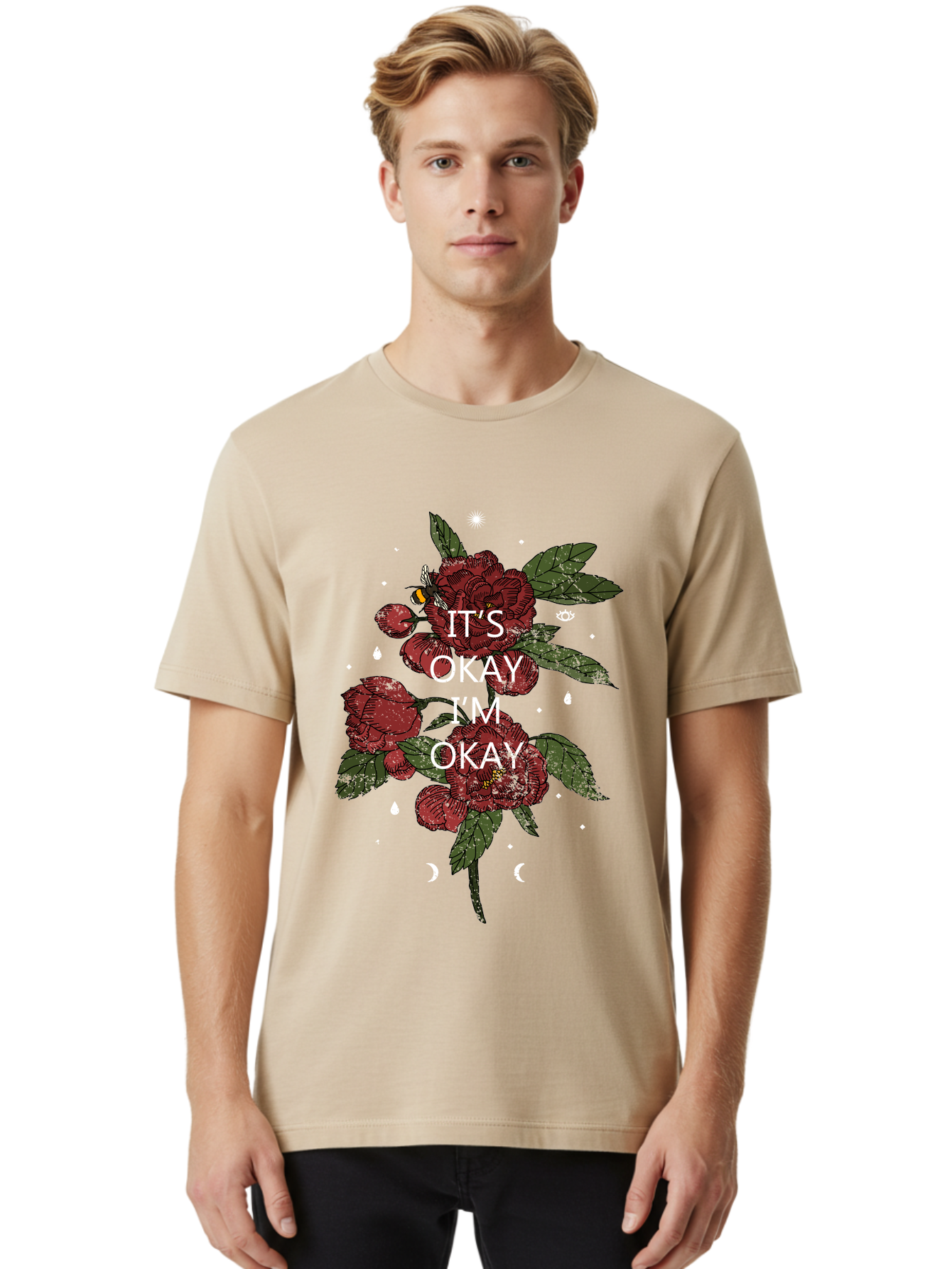 Its Okay Men'S Graphic Tee, 100% Cotton, Comfortable Casual Summer Wear, Machine Washable, Red Roses, Green Leaves, Affirmation Quote, Motivational Phrase, Mental Health Awareness, Self Care, Wellness, Floral Design, Inspirational Art Aae411