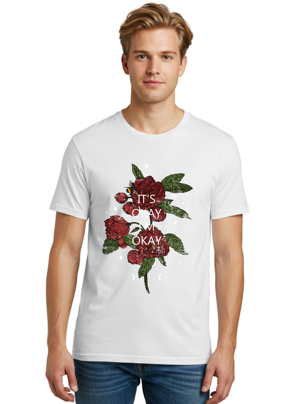 Its Okay Men'S Graphic Tee, 100% Cotton, Comfortable Casual Summer Wear, Machine Washable, Red Roses, Green Leaves, Affirmation Quote, Motivational Phrase, Mental Health Awareness, Self Care, Wellness, Floral Design, Inspirational Art Aae411