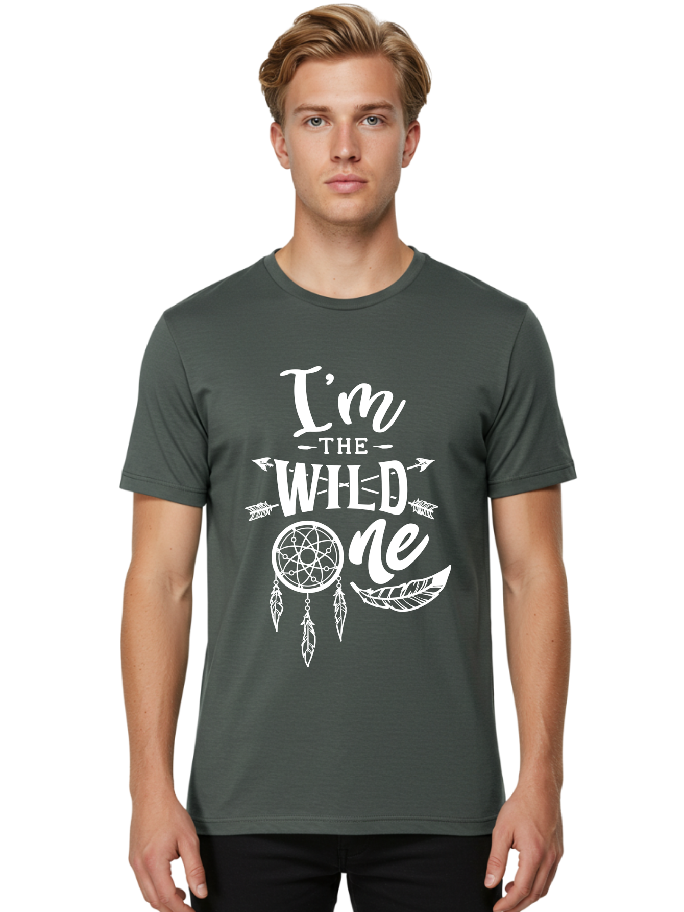 I_M The Wild One - White Men'S Graphic Tee, 100% Cotton, Comfortable Casual Summer Wear, Machine Washable, Wild Child, Bohemian Style, Dreamcatcher, Feathers, Arrows, Playful Quote, Whimsical Design, Free-Spirited, Adventure, Youth Culture Aae421