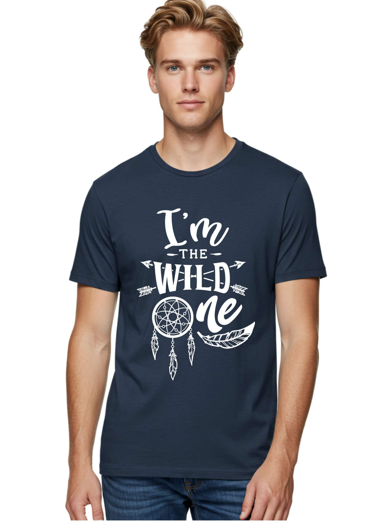 I_M The Wild One - White Men'S Graphic Tee, 100% Cotton, Comfortable Casual Summer Wear, Machine Washable, Wild Child, Bohemian Style, Dreamcatcher, Feathers, Arrows, Playful Quote, Whimsical Design, Free-Spirited, Adventure, Youth Culture Aae421