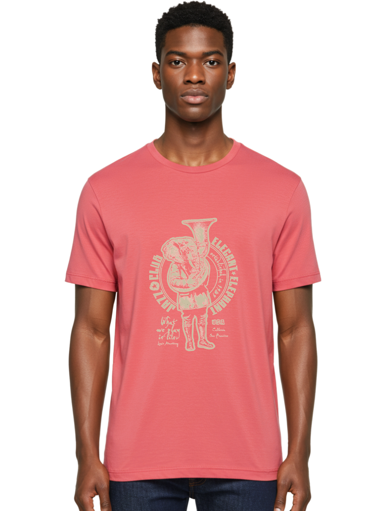 Jazz Club Elegant Elephant Men'S Graphic Tee, 100% Cotton, Comfortable Casual Summer Wear, Machine Washable, Elephant Playing Trumpet, Vintage Illustration, Unique Design, Elegant Typography, Quirky Art, Circus Theme, Playful Graphics, Aae423
