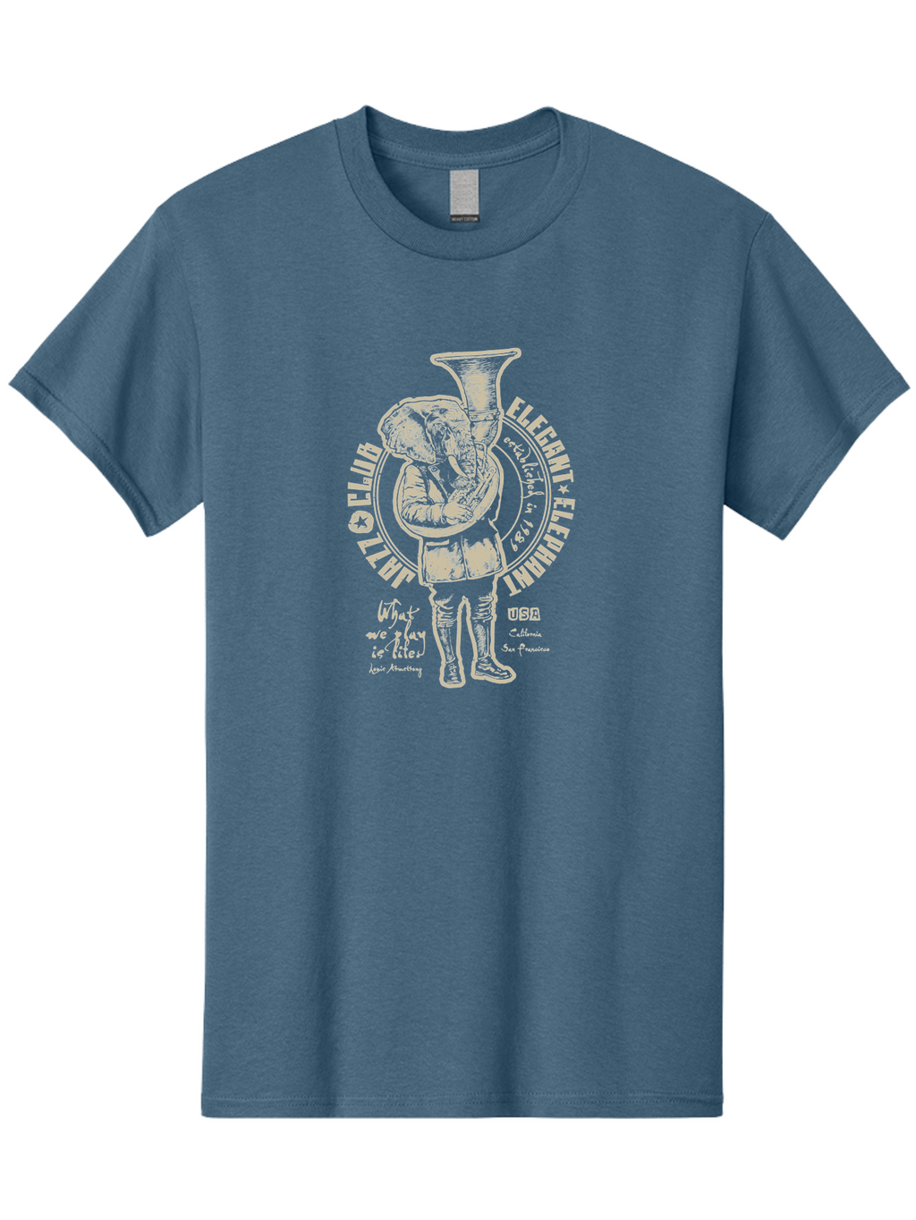 Jazz Club Elegant Elephant Men'S Graphic Tee, 100% Cotton, Comfortable Casual Summer Wear, Machine Washable, Elephant Playing Trumpet, Vintage Illustration, Unique Design, Elegant Typography, Quirky Art, Circus Theme, Playful Graphics, Aae423